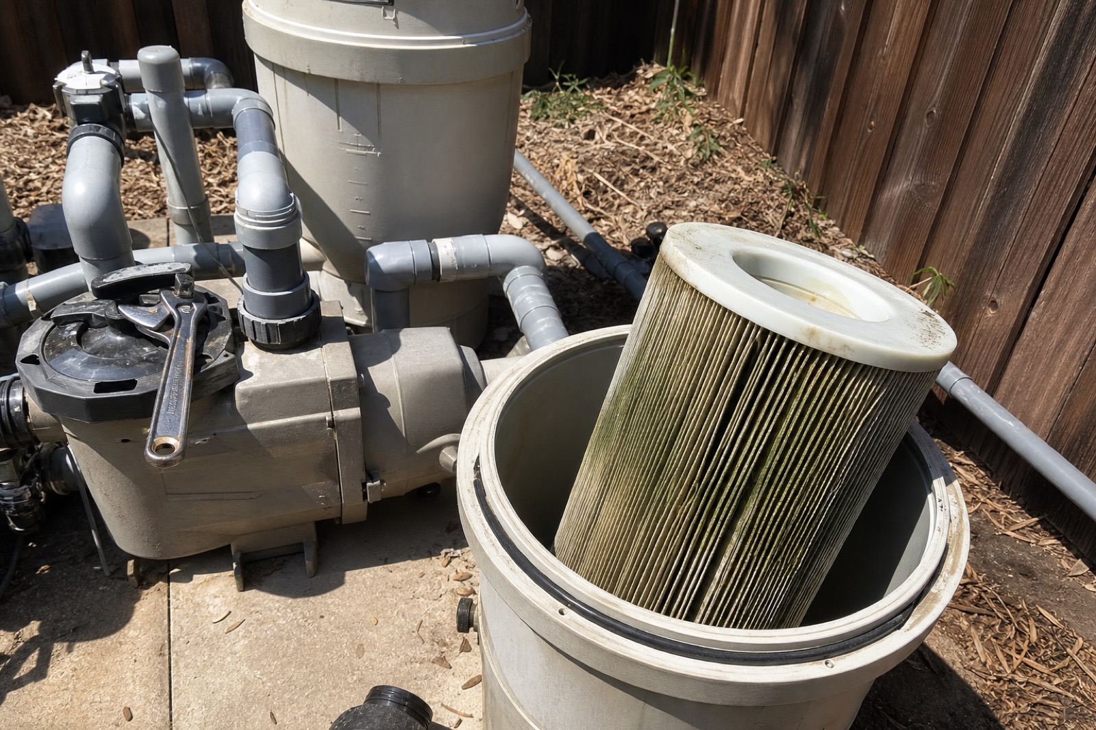A backyard pool equipment pad with a Pentair cartridge filter housing opened up, pleated filter cartridge pulled halfway out showing algae streaks, gray PVC plumbing and a wrench resting on top of the pump.